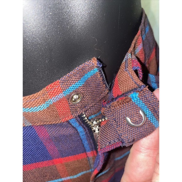1960’s / 1970s Denim Linen Pants Flare Bell bottom Hippie‎ Boho Red Blue Plaid - Picture 3 of 9